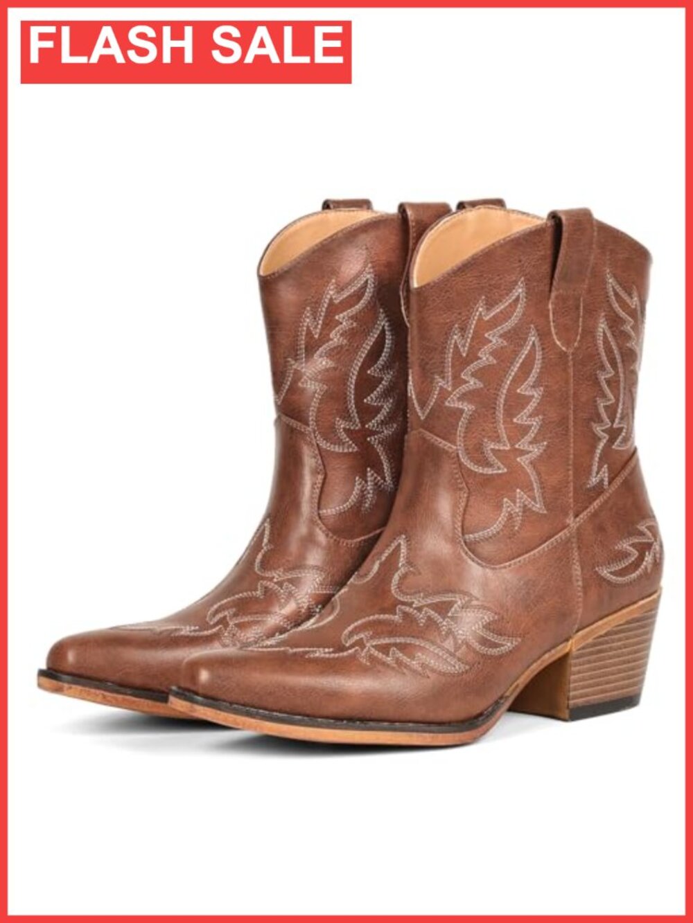 Western Ankle Boots Pointed Toe Block Heel Faux Leather Embroidered